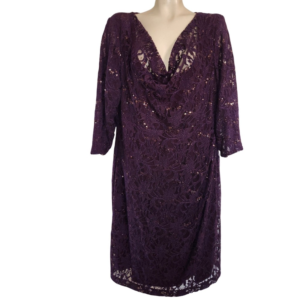 Lauren Ralph Lauren NEW Dress 22W Purple Sequin Lace Cowl Neck 3/4 Sleeve Sheath